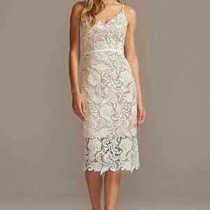 David's Bridal   Crochet Lace Overlay Midi Spaghetti Strap Dress    NWT- SIZE 14